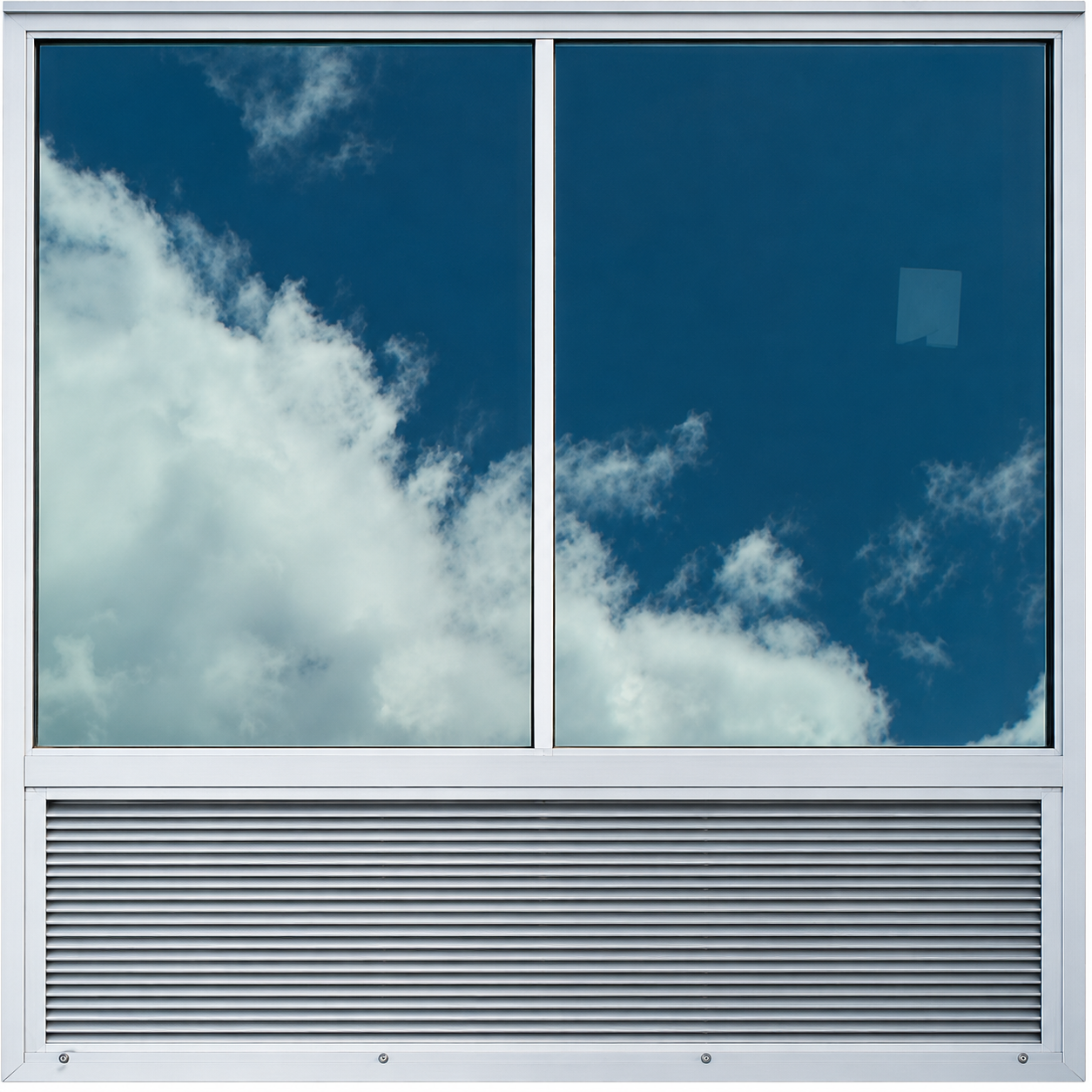 Champion Glass integral window and louver unit, reflecting a cloudy sky